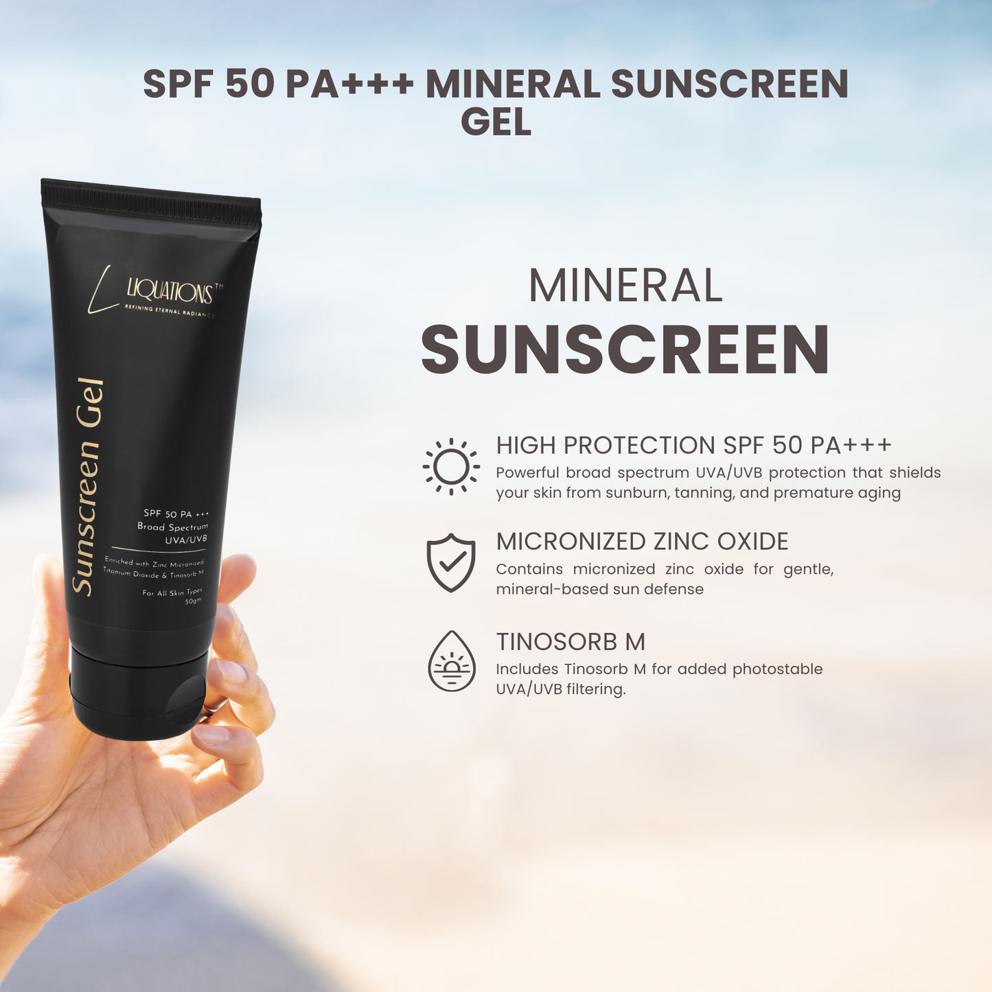 SPF 50 PA+++ Mineral Sunscreen Gel with Micronized Zinc Oxide and Tinosorb M | Broad Spectrum UVA/UVB Protection for Normal | For All Skin Types | 50g