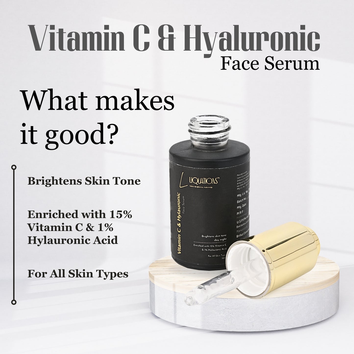 Kojic Acid Face Serum with 15% Vitamin C,1% Hyaluronic Acid & Niacinamide | For Intense Brightening & Pigmentation Removal | All Skin Types | Women & Men | 30 ML